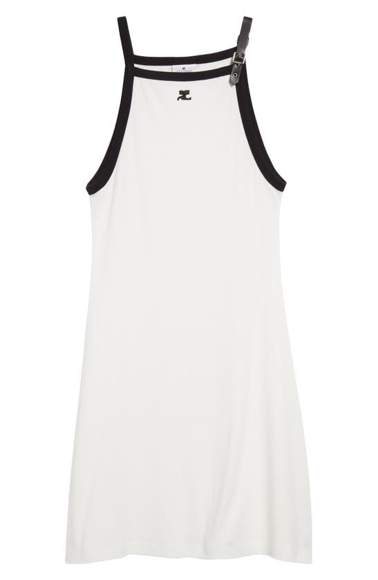 Shop Courrèges Buckle Strap Cotton Knit Dress In Heritage White/ Black