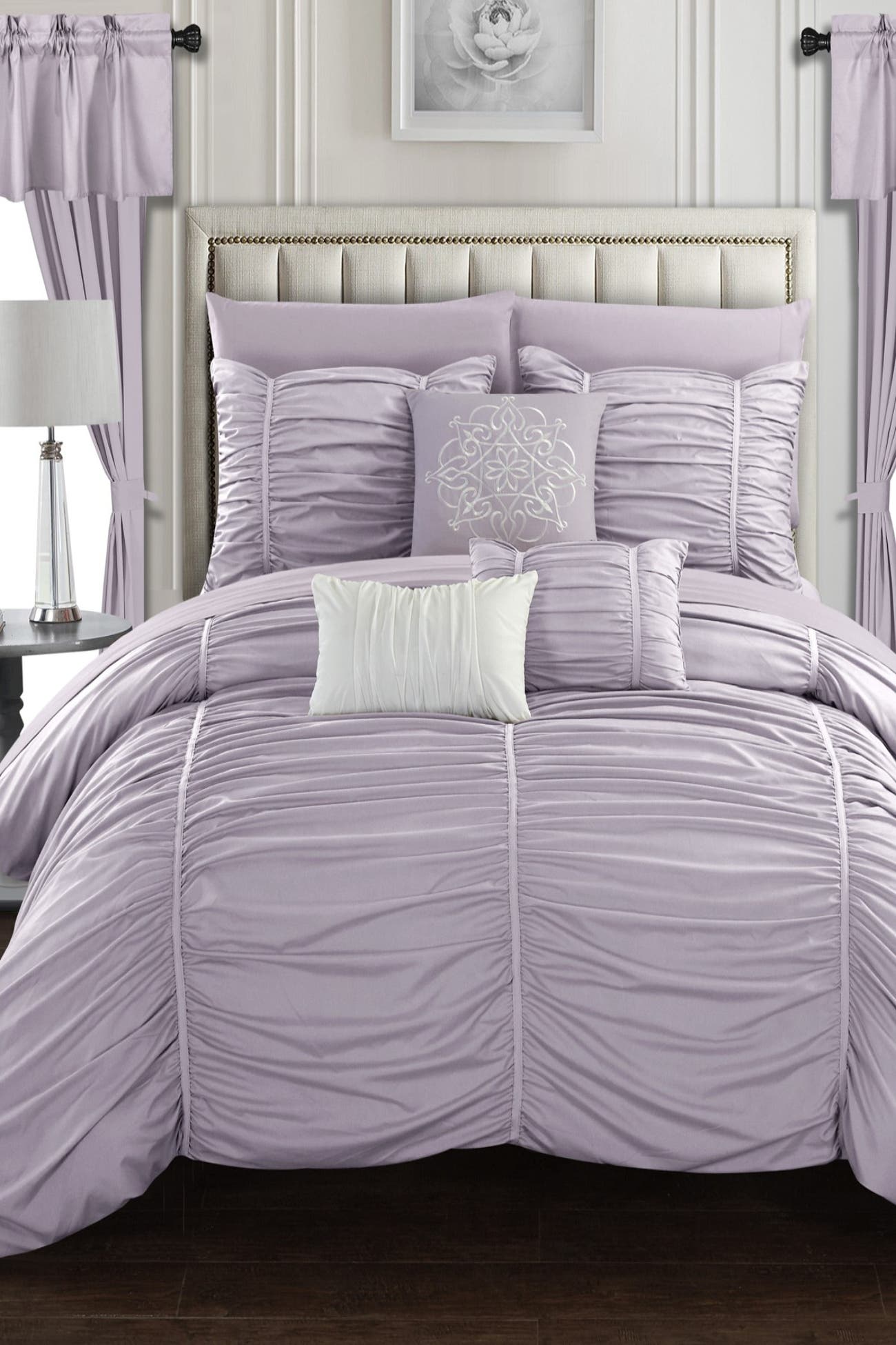 Chic Home Bedding Lilac Gruyeres Ruffled Ruched Queen Bed In a Bag Comforter 20Piece Set