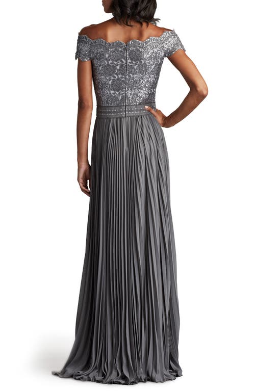 Tadashi Shoji Plus Size Off-shoulder Pleated Sequin Lace Gown In Mist