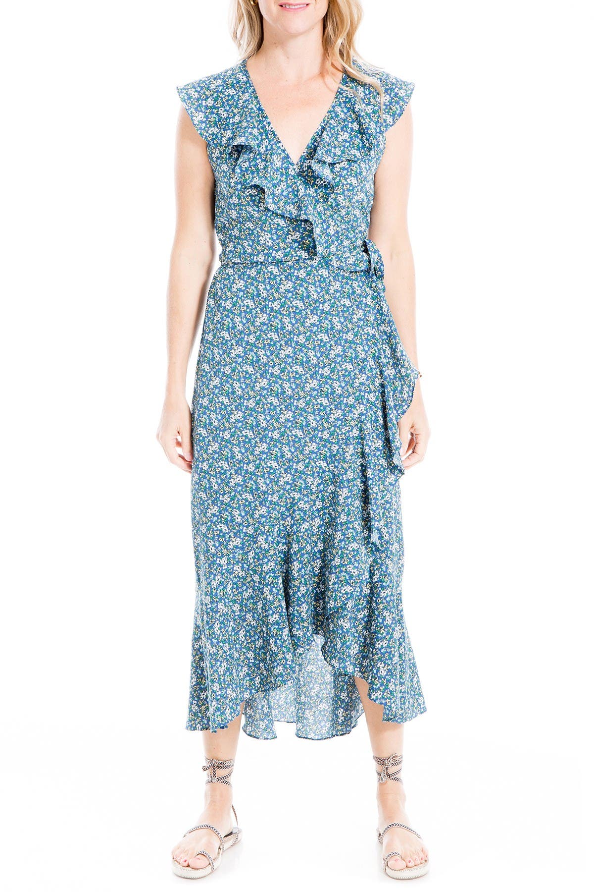 Max Studio Patterned Ruffle Wrap Midi Dress In Blylmagc