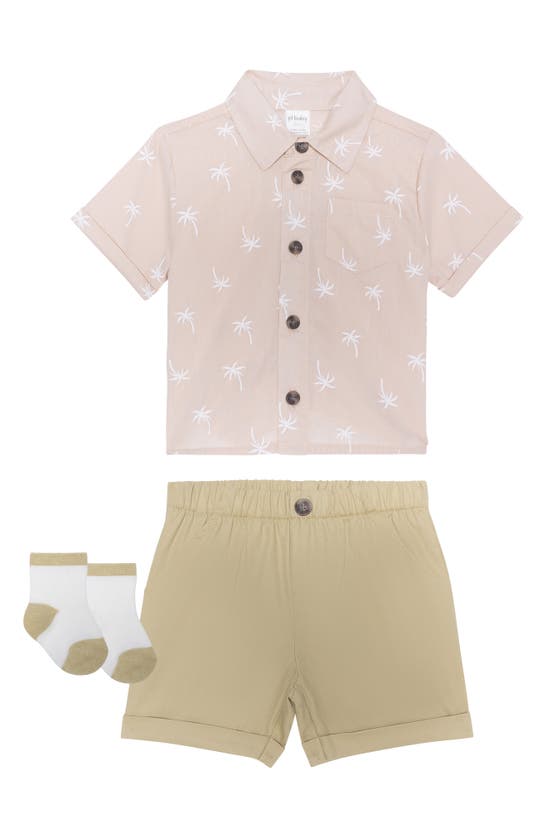 Shop Petit Lem Print Button-up Shirt, Shorts & Socks Set In Beige Palm Trees