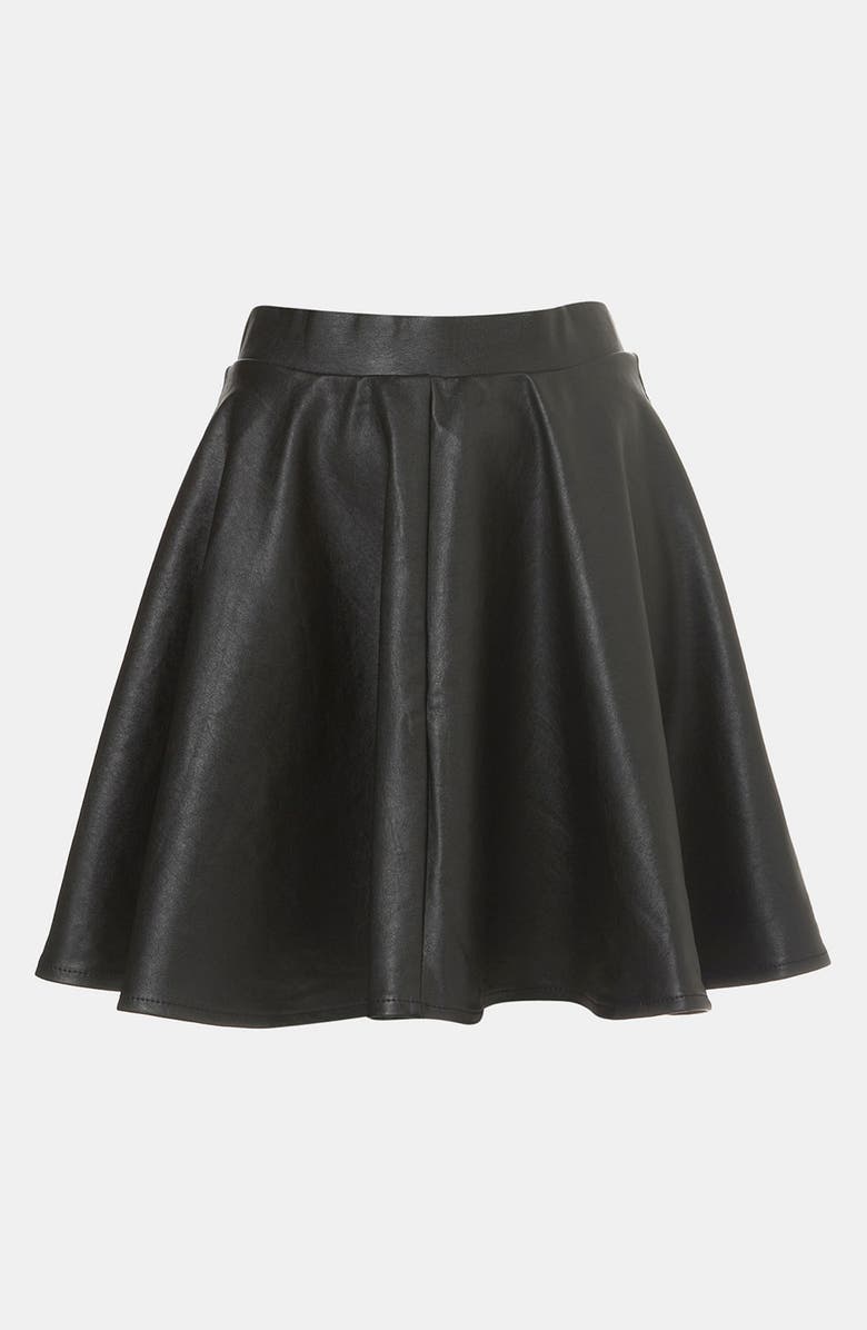 TOPSHOP 'Andie' Faux Leather Skater Skirt, Main, color, BLACK
