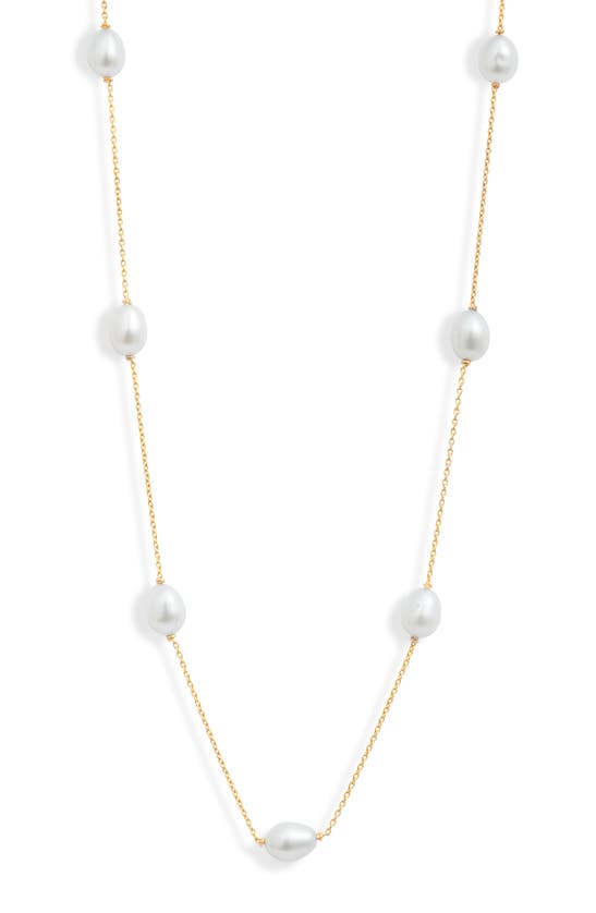 Shop Poppy Finch Oval Cultured Pearl Station Necklace In Pearl/ 14k Yellow Gold