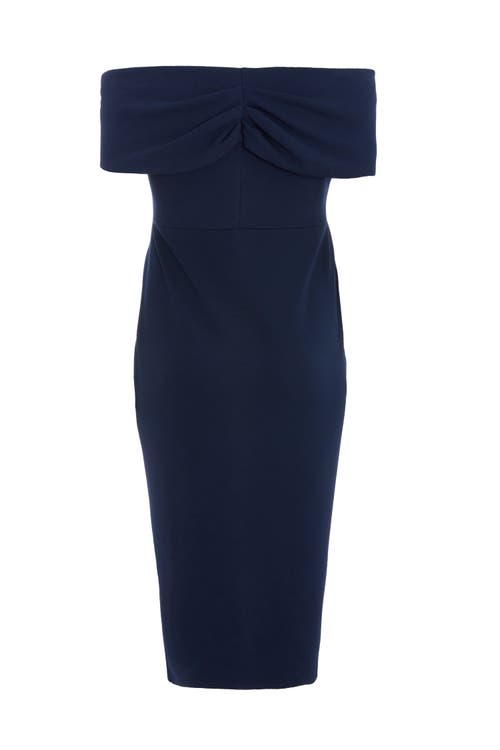 Quiz Plus Size Bardot Pleated Detail Midi Dress In Navy