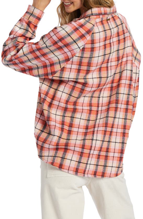 Shop Billabong Best Time Oversize Plaid Cotton Flannel Shirt In Hibiscus
