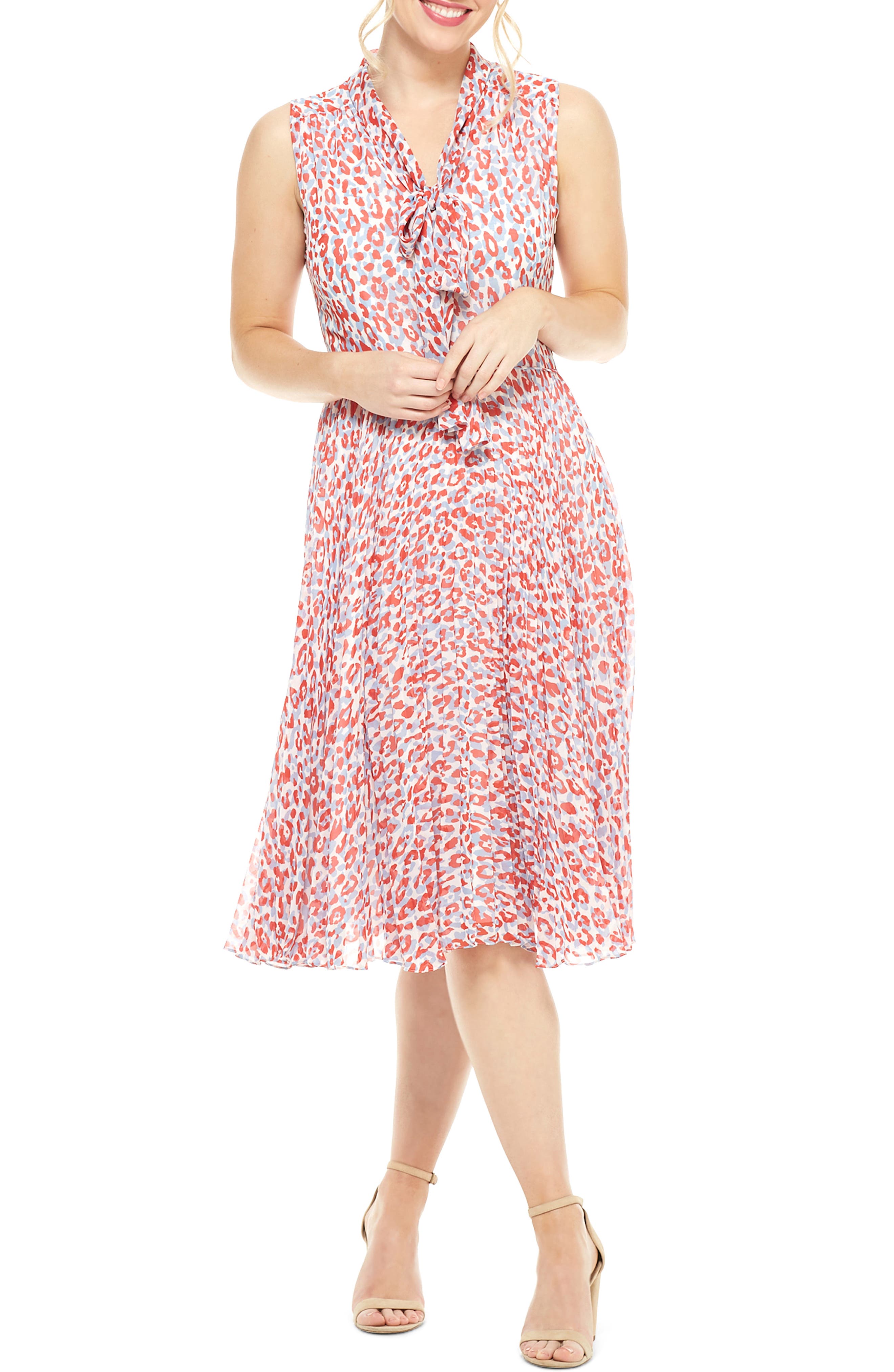 Maggy London Delinda Print Tie Neck Pleated Chiffon Dress, Red