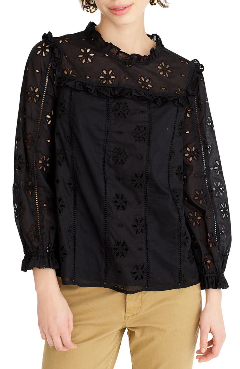 J Crew Ruffle Neck Long Sleeve Eyelet Top Regular Plus Size Nordstrom
