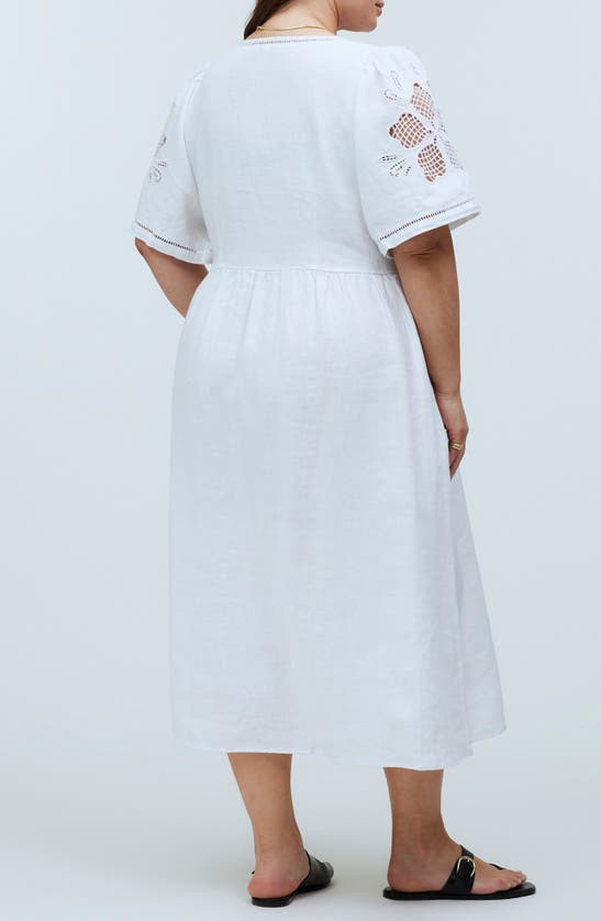 Shop Madewell Cassie Openwork Detail Linen Button-up Midi Dress In Eyelet White