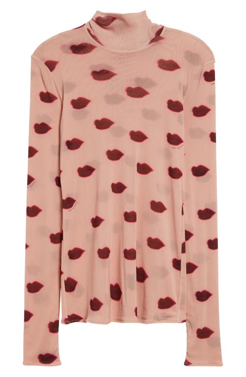 Shop Stella Mccartney Lips Print Semisheer Mesh Turtleneck Top In 5765 - Dusty Rose