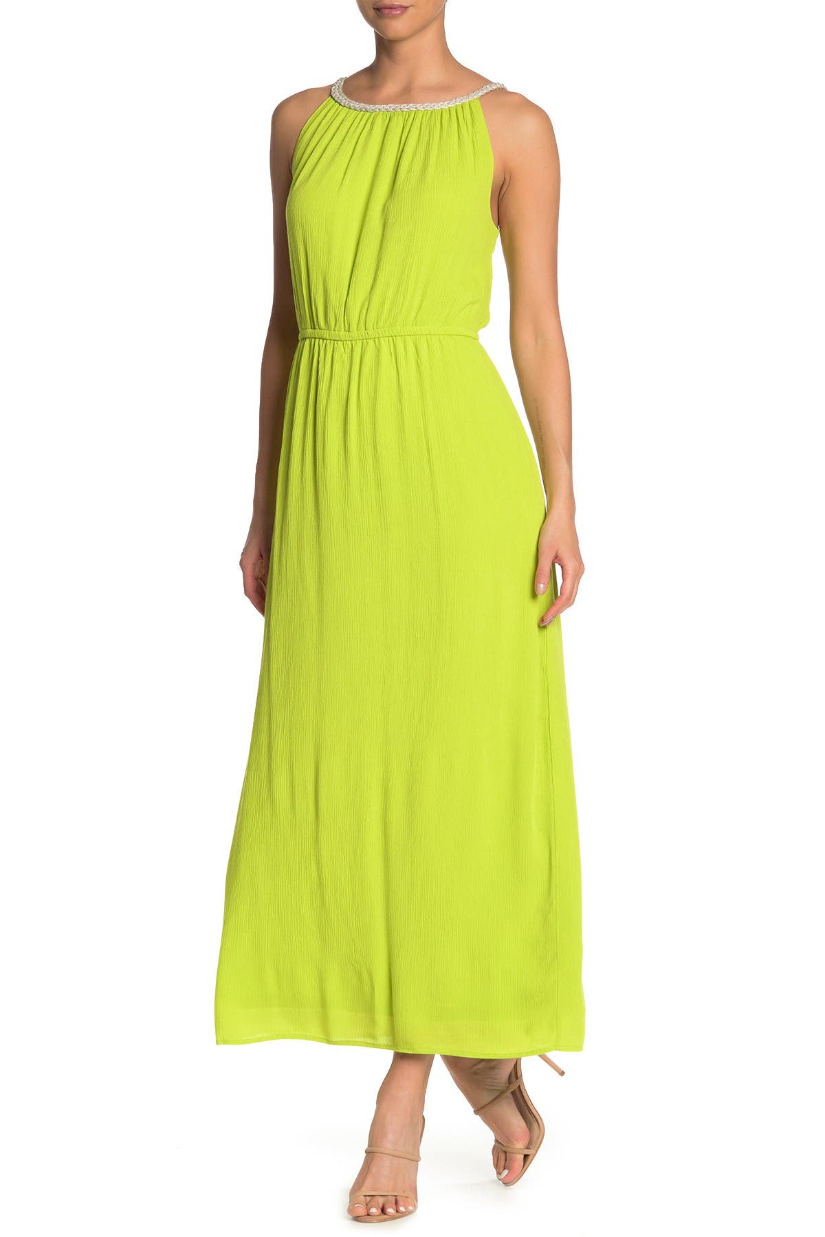 Nina Leonard Braided Neck Sleeveless Maxi Dress In Bright Moss