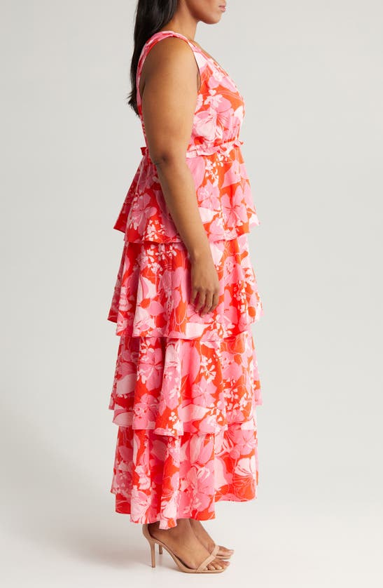 Shop Chelsea28 Floral Print Sleeveless Tiered Ruffle Maxi Dress In Red G- Pink Sades Blooms