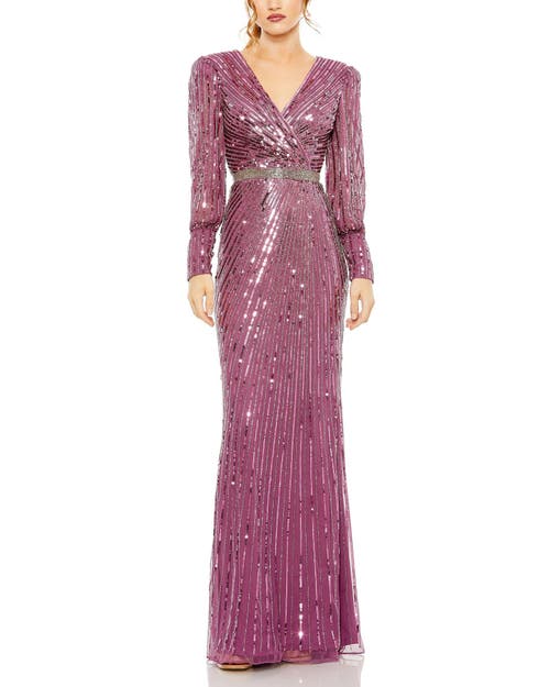 Mac Duggal Sequined Wrap Over Bishop Sleeve Gown In Raspberry