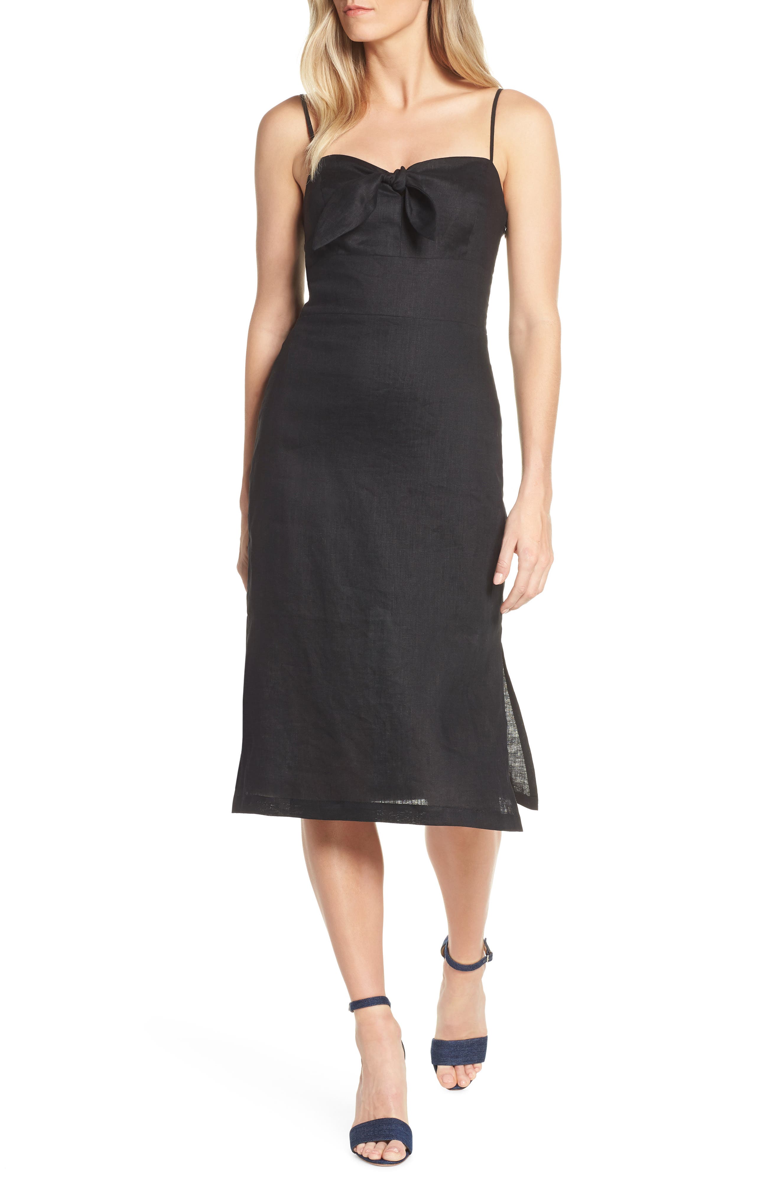 Forest Lily Bow Linen A-Line Dress, Black