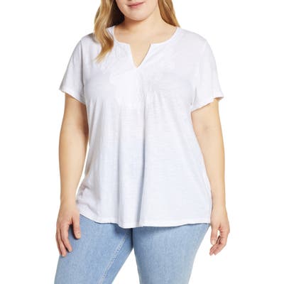 Plus Size Lucky Brand Embroidered Notch Neck Tee, White
