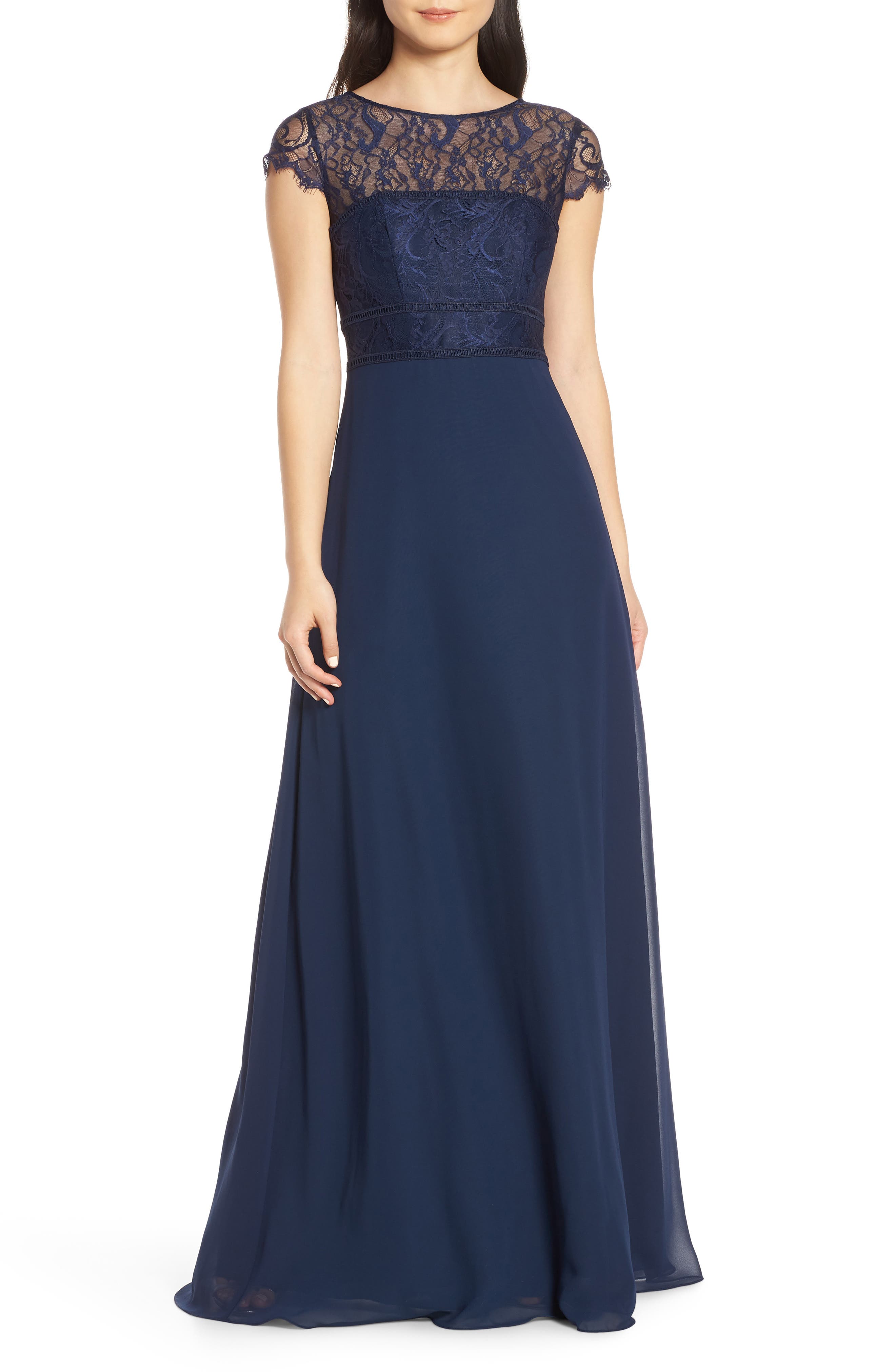 Hayley Paige Occasions Lace Bodice Chiffon Evening Dress, Blue