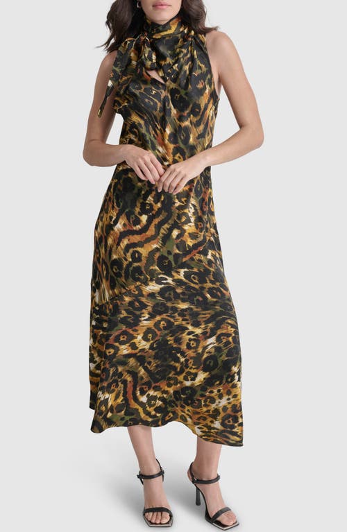 Shop Dkny Print Tie Neck Dress In Autumn Mix Animal