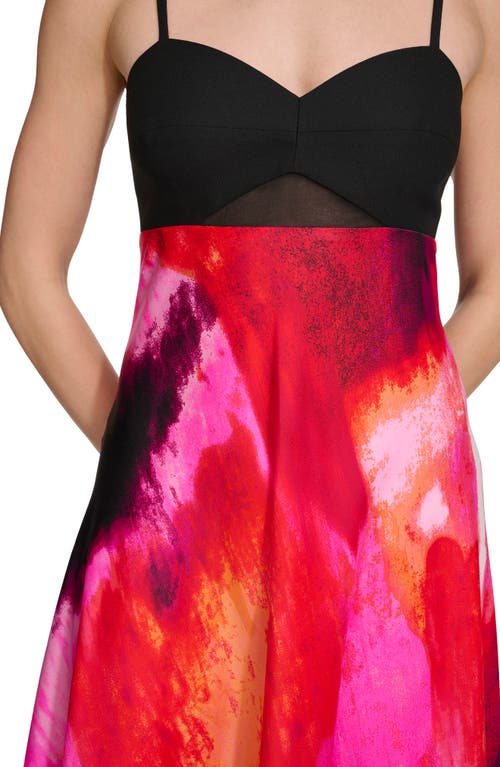 Dkny Mixed Media Satin Back Crepe Midi Dress In Black/shocking Pink Multi