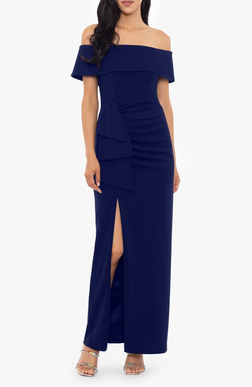 Xscape Evenings Ruched Off The Shoulder Crepe Gown In Blue