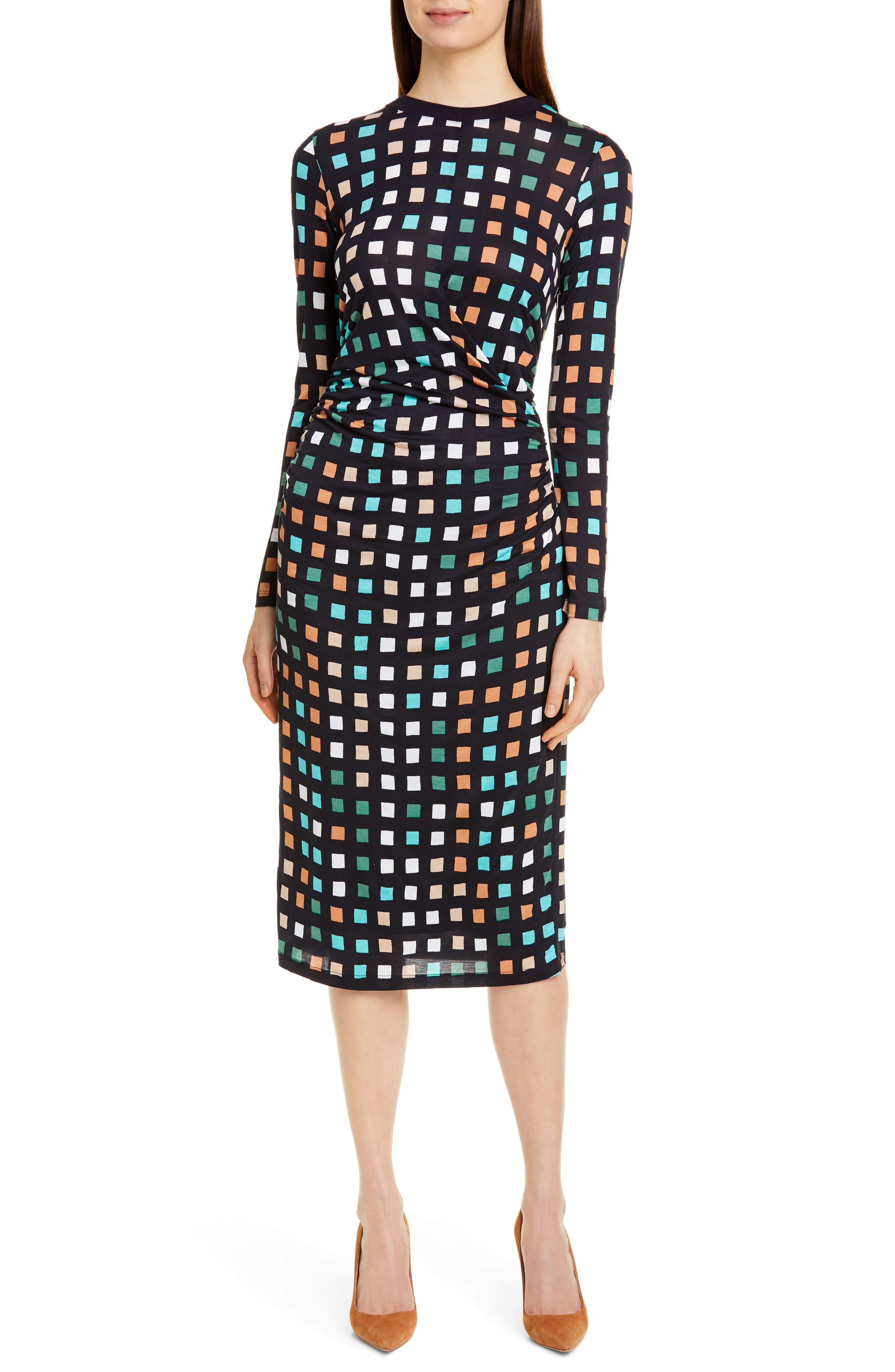 Boss Esetta Cube Print Long Sleeve Midi Dress, Blue