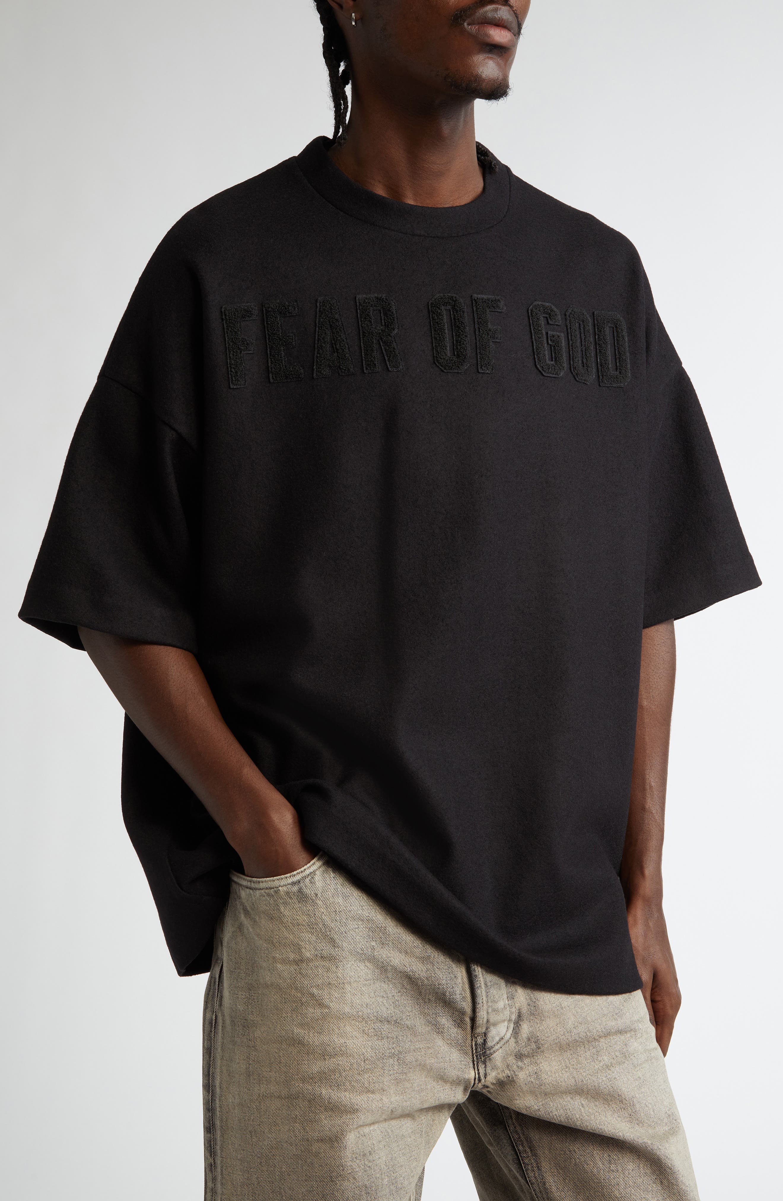 Fear of God Logo Patch Short Sleeve Merino Wool T-Shirt in Black 
