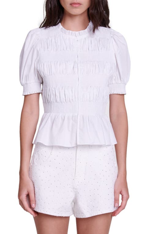 Shop Maje Cineta Smocked Puff Sleeve Button-up Top In White