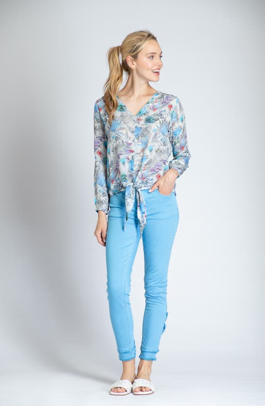 Apny Print V-neck Tie Front Chiffon Top In Grey Multi