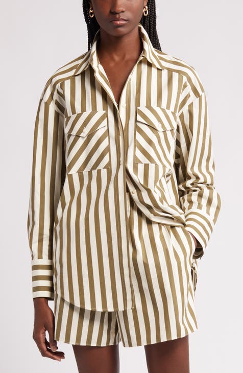 Lucky Brand Stripe Print Point Collared Flap Pocket Long Sleeve