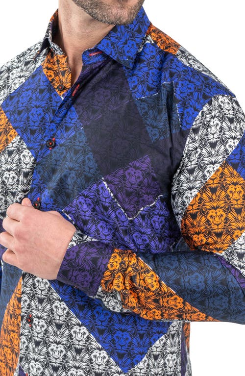 Maceoo Fibonacci Lion Print Contemporary Fit Button-up Shirt In Black