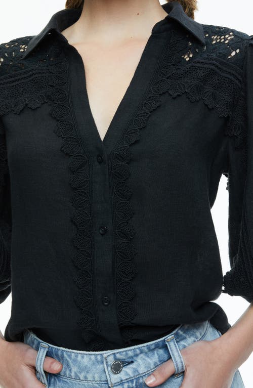 Shop Alice And Olivia Alice + Olivia Venty Lace Detail Linen Button-up Shirt In Black