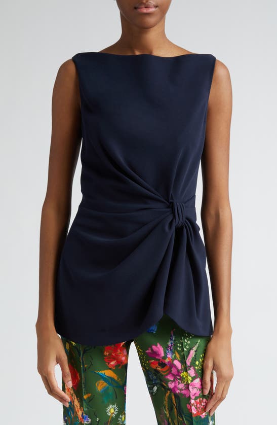 Shop Lela Rose Ruched Bateau Neck Stretch Crepe Top In Navy