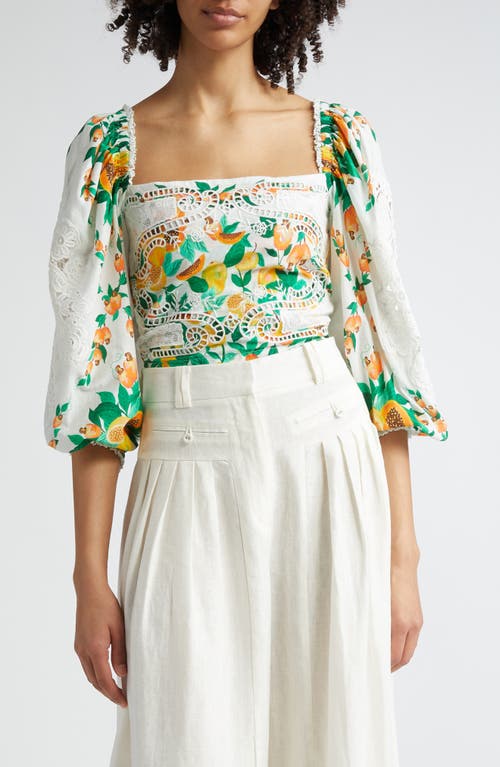 FARM Rio Papaya Salad Eyelet Puff Sleeve Cotton Crop Top Off-White at Nordstrom,