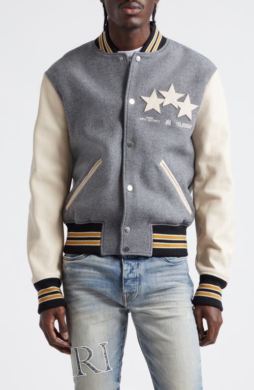 AMIRI Star Appliqué Leather Sleeve Virgin Wool Blend Varsity Jacket Grey at Nordstrom,
