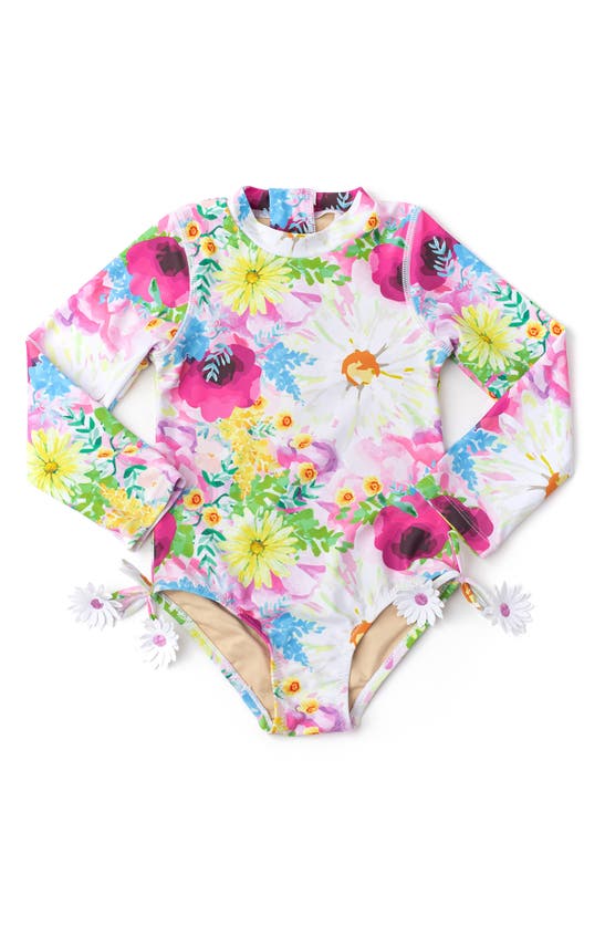 Shade Critters Kids' Watercolor Floral Long Sleeve One-piece Rashguard Swimsuit In Pink Multi Floral