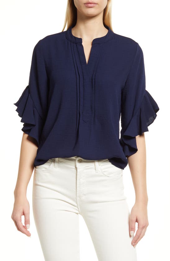 Vince Camuto Ruffle Sleeve Split Neck Blouse In Classic Navy