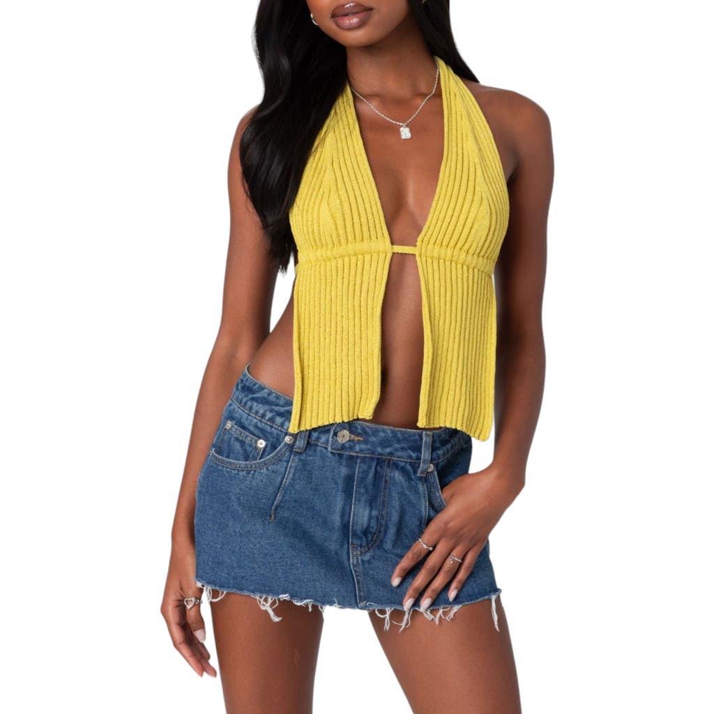 Edikted Caraway Split Front Open Back Rib Halter Top In Green