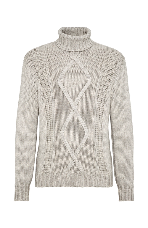 Shop Brunello Cucinelli Irish Cable Turtleneck Sweater In Stone Grey