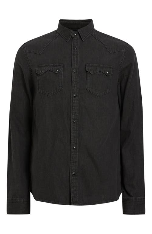 Shop Allsaints Rock Cotton Denim Western Snap-up Shirt In Washed Black