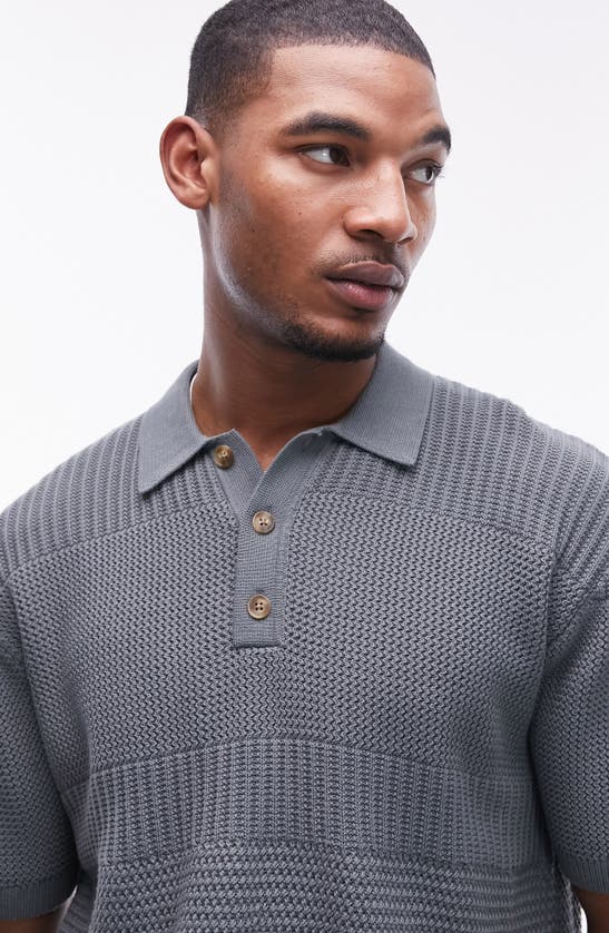 Shop Topman Textured Panel Cotton Polo Sweater In Sage
