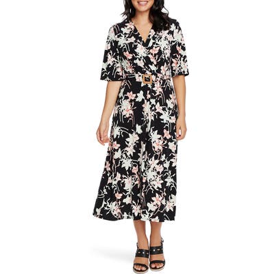 Chaus Floral Wrap Front Belted Midi Dress, Black