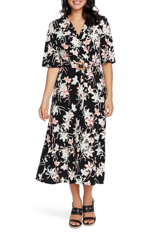 Chaus Floral Wrap Front Belted Midi Dress in Rich Black at Nordstrom, Size X-Large