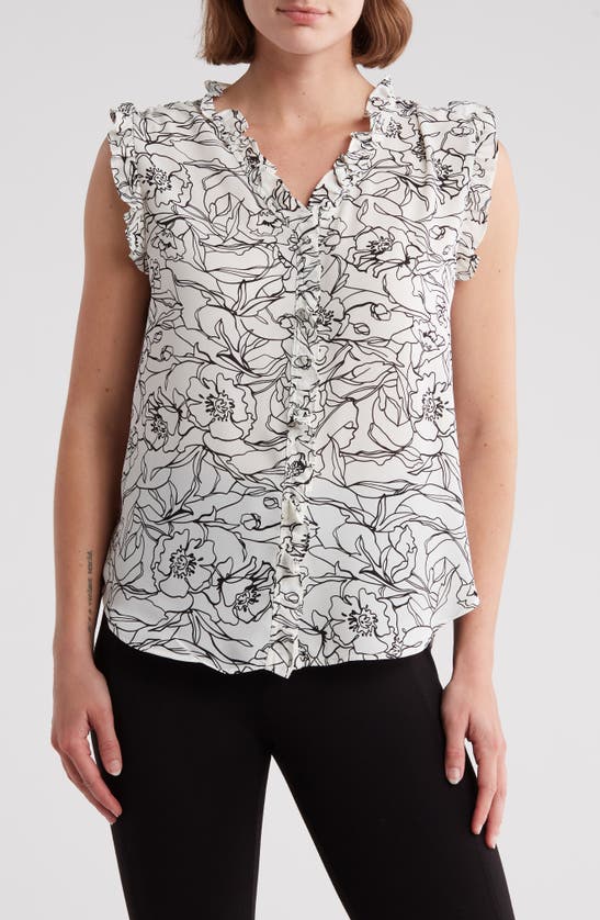 T Tahari Ruffle Sleeveless Top In White Star / Black Floral
