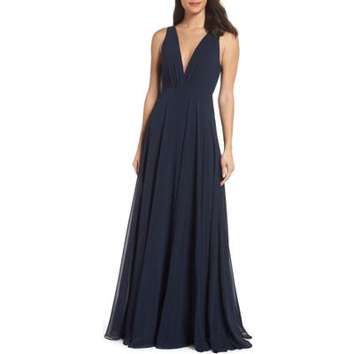 Jenny Yoo Ryan Illusion Neck Chiffon Gown, Blue