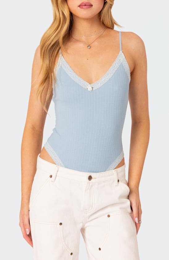 Edikted Aurora Lace Trim Rib Bodysuit In Light-blue