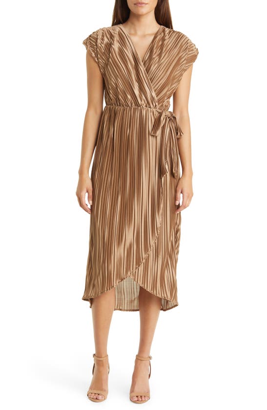 Zoe And Claire Pleated Wrap Midi Dress In Gold