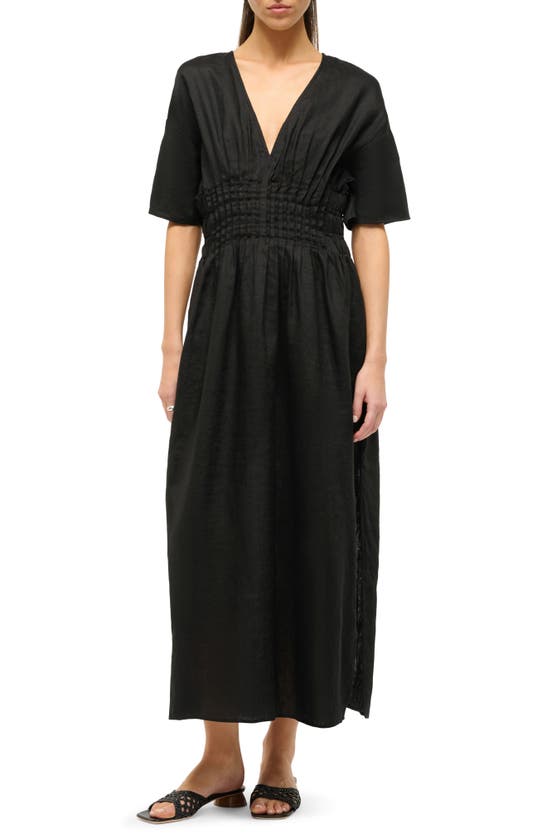 Staud Lauretta Pleated Waist Linen Maxi Dress In Black