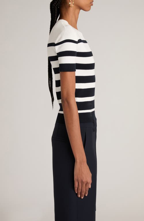 Shop Valentino Garavani Stripe Button Detail Short Sleeve Sweater In Navy/avorio