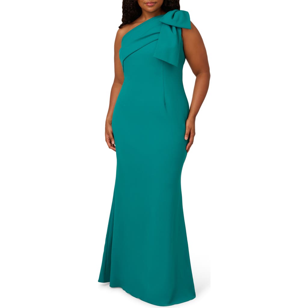 ADRIANNA PAPELL ADRIANNA PAPELL PLEATED BOW ONE-SHOULDER STRETCH CREPE MERMAID GOWN