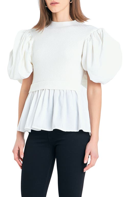 Shop English Factory Mixed Media Puff Sleeve Top In Ivory