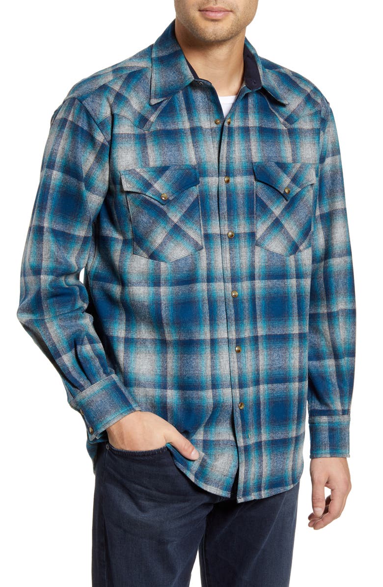 Pendleton Canyon Regular Fit Plaid Snap-Up Wool Flannel Shirt Jacket ...