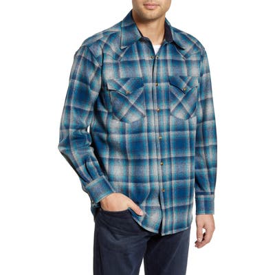 Pendleton Canyon Regular Fit Plaid Snap-Up Wool Flannel Shirt Jacket, Blue